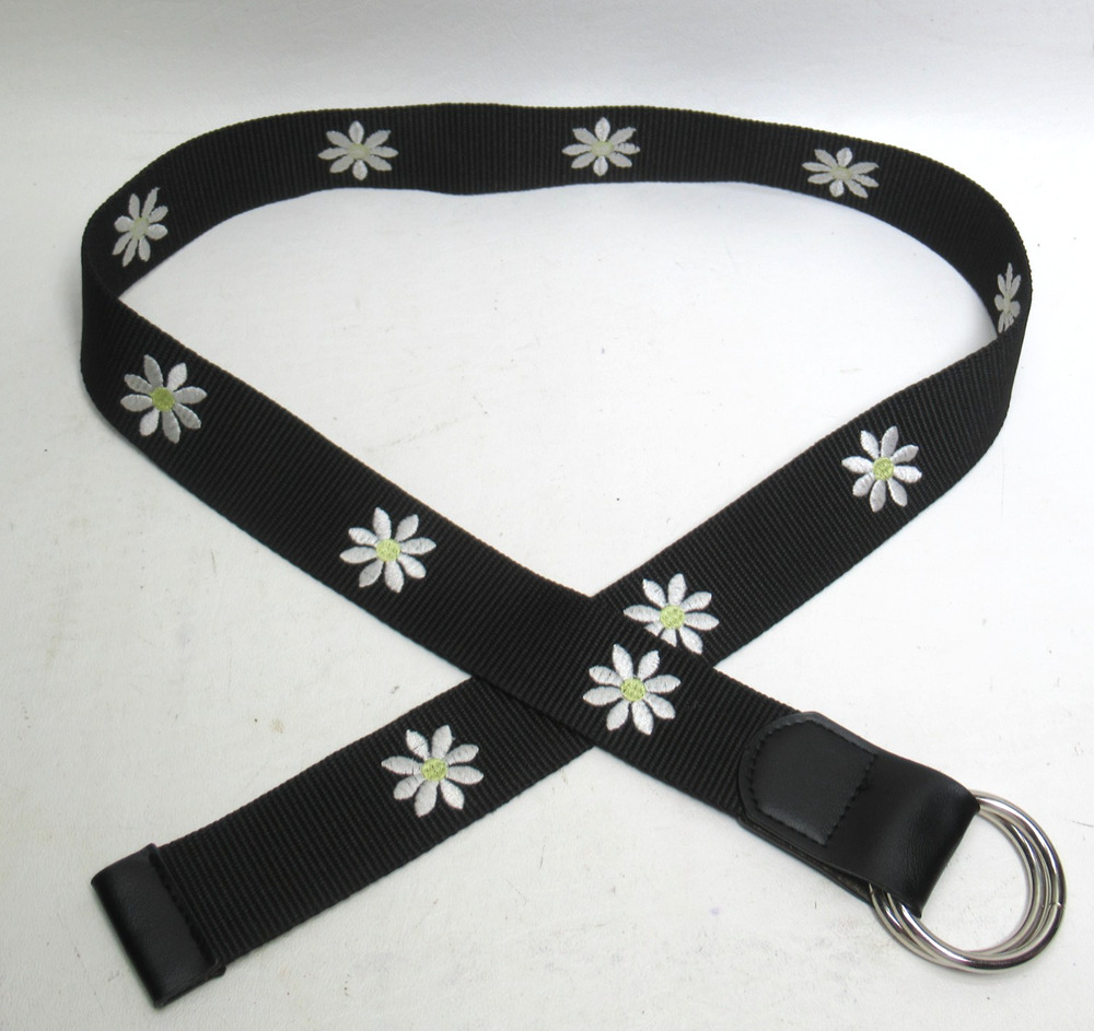 Daisy Waist Belt Women L Black White Embroidered Daisies Silver Tone Rings
